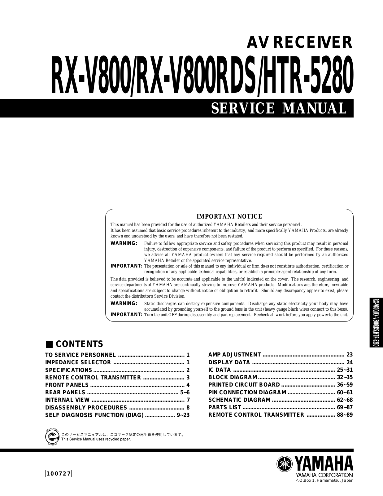 YAMAHA RX V800 Service Manual