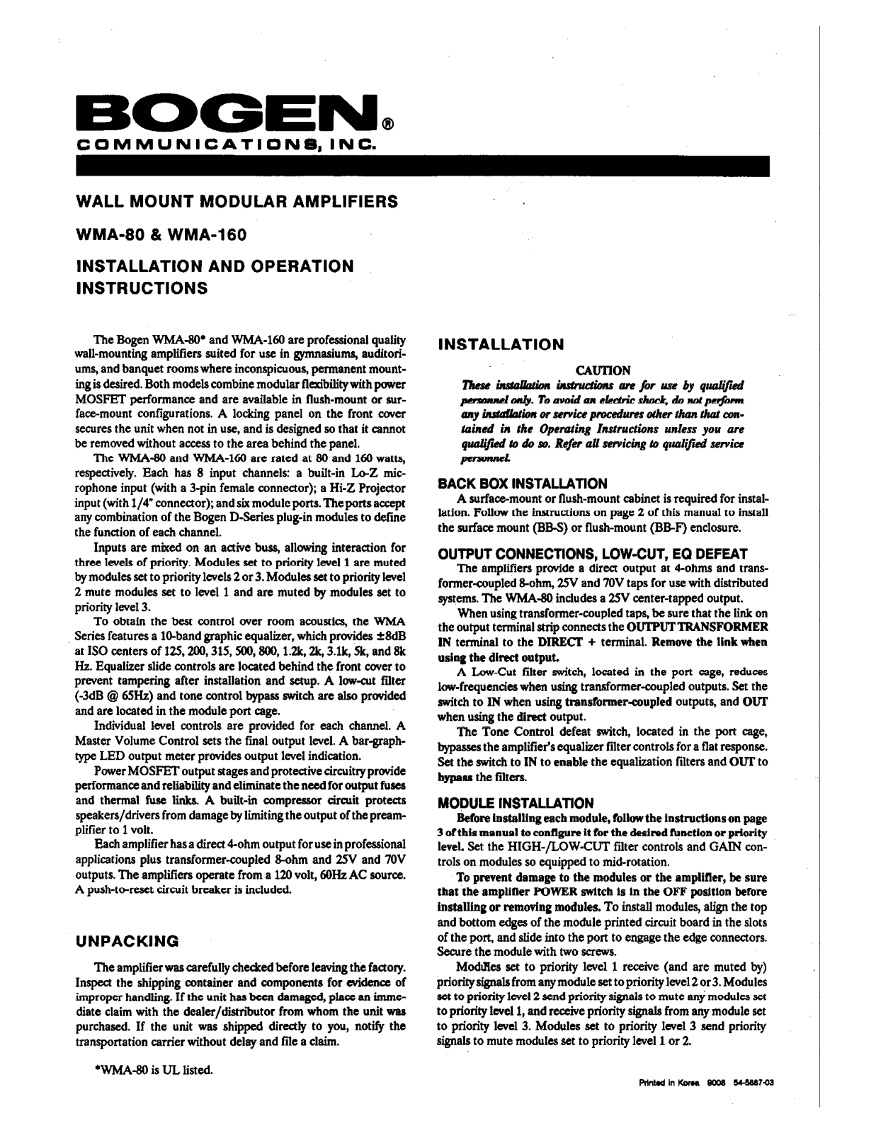 Bogen WMA160 Service Manual