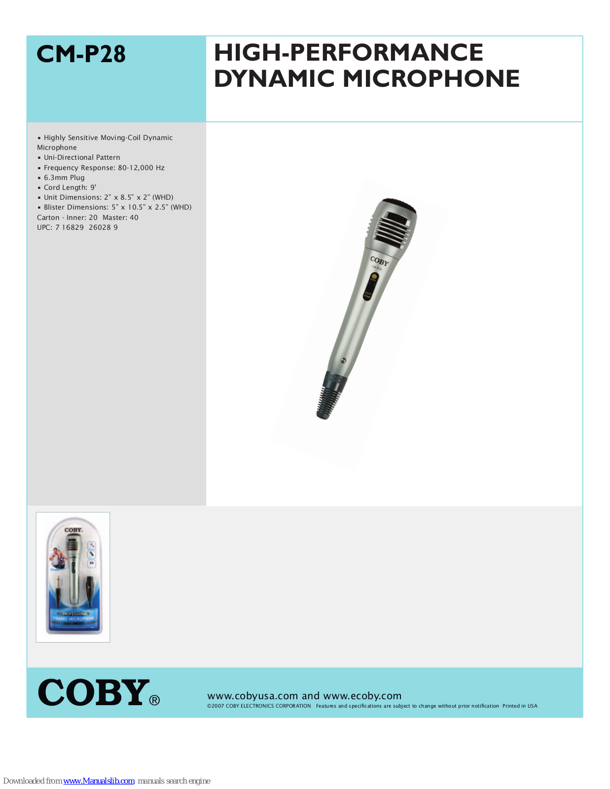 Coby CM-P28, HD7870, HD7873 Specification Sheet