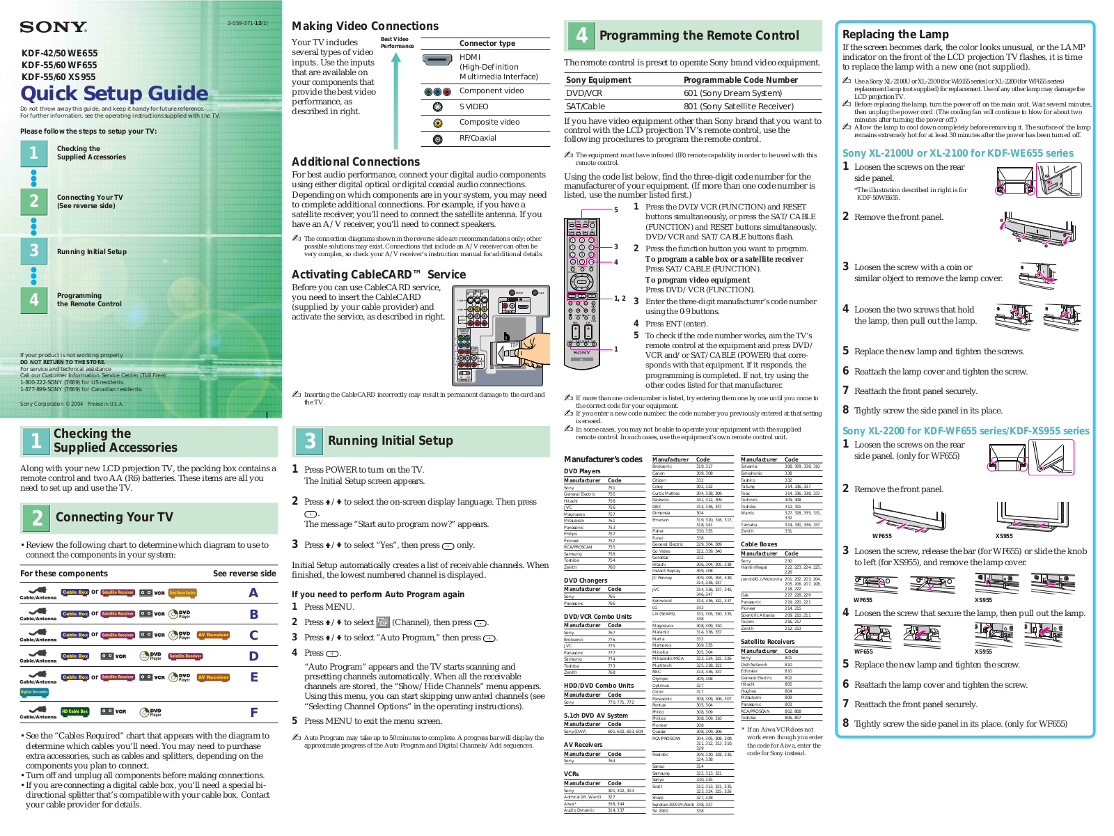 Sony KDF-60WF655, KDF-50WE655, KDF-55XS955, KDF-55WF655, KDF-60XS955 Quick Setup Guide