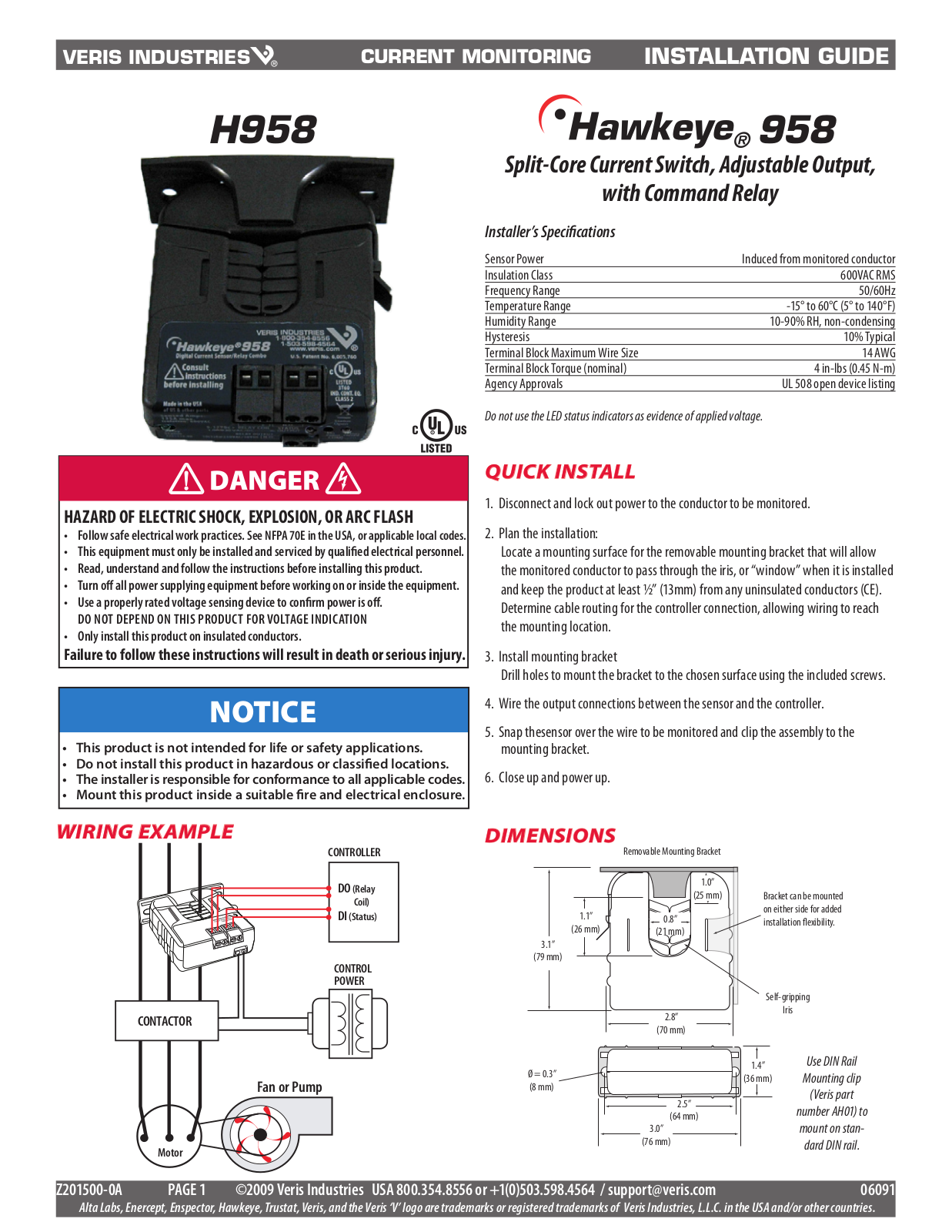 Veris H958 Installation Instructions