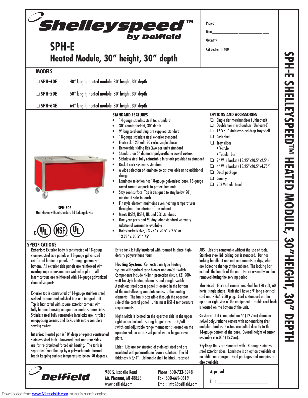 Delfield Shelleyspeed SPH-40E, Shelleyspeed SPH-64E, Shelleyspeed SPH-50E Specifications