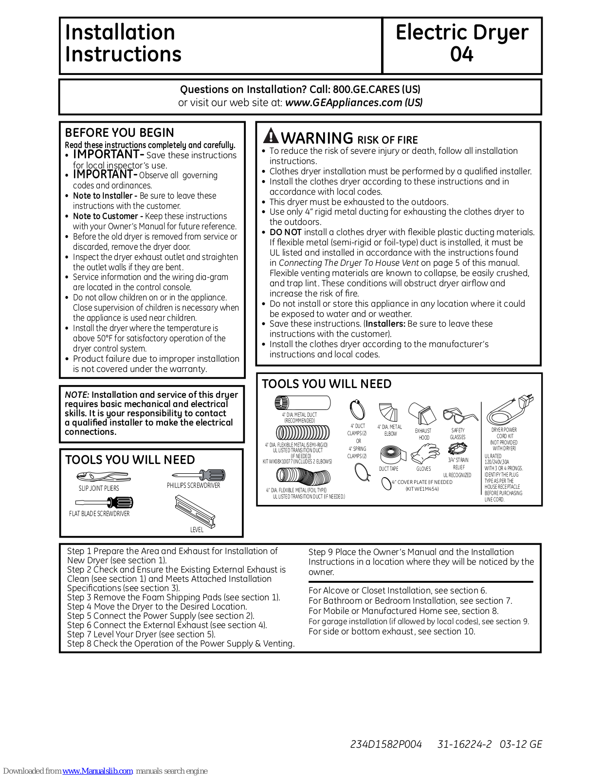 GE GTDP300EMWS, GTDP400EMWS, GTDX300EMWS, GTDP250EMWW, GTDP200EMWW Installation Instructions Manual