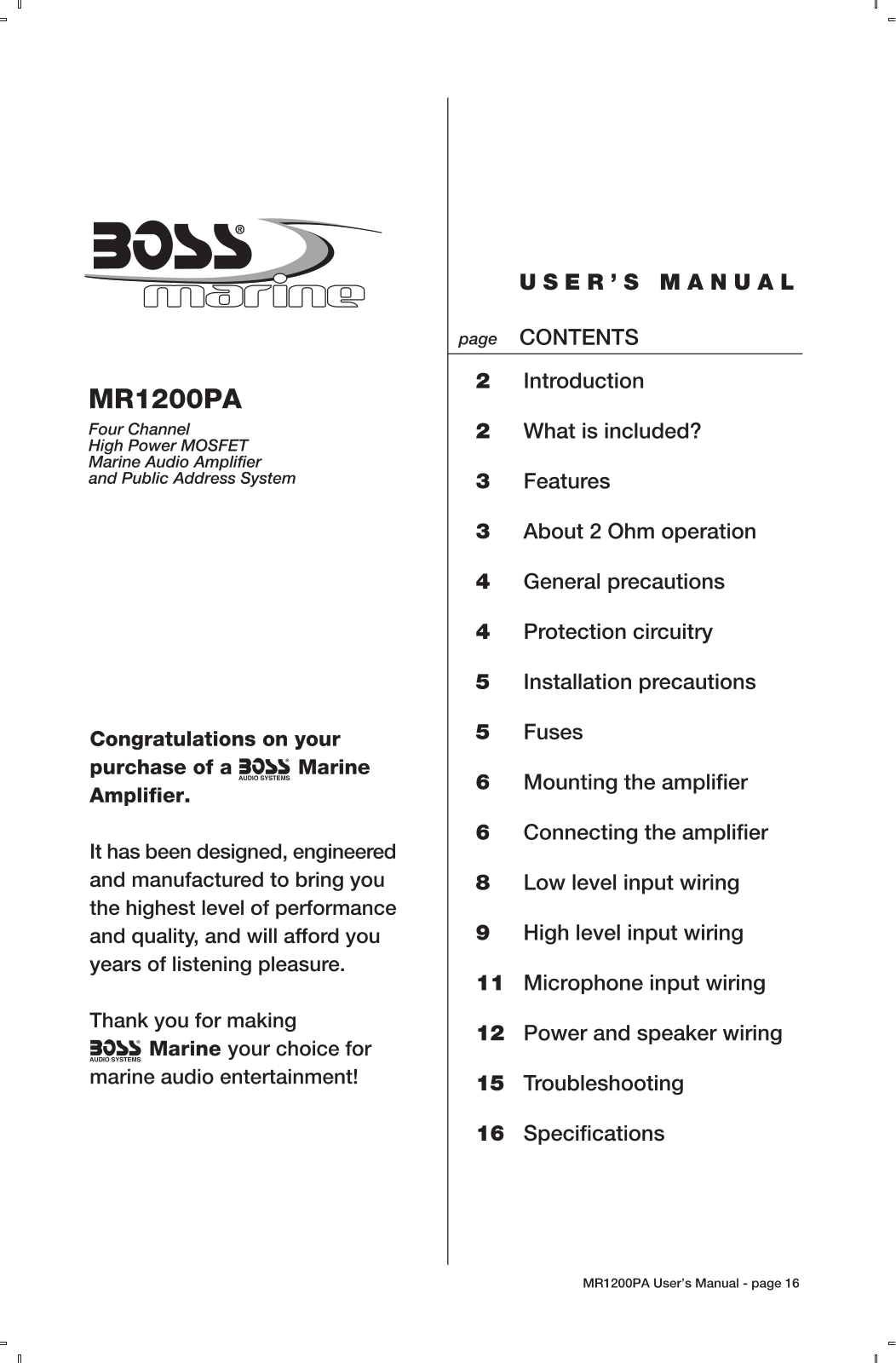 Boss Audio MR1200PA User Manual