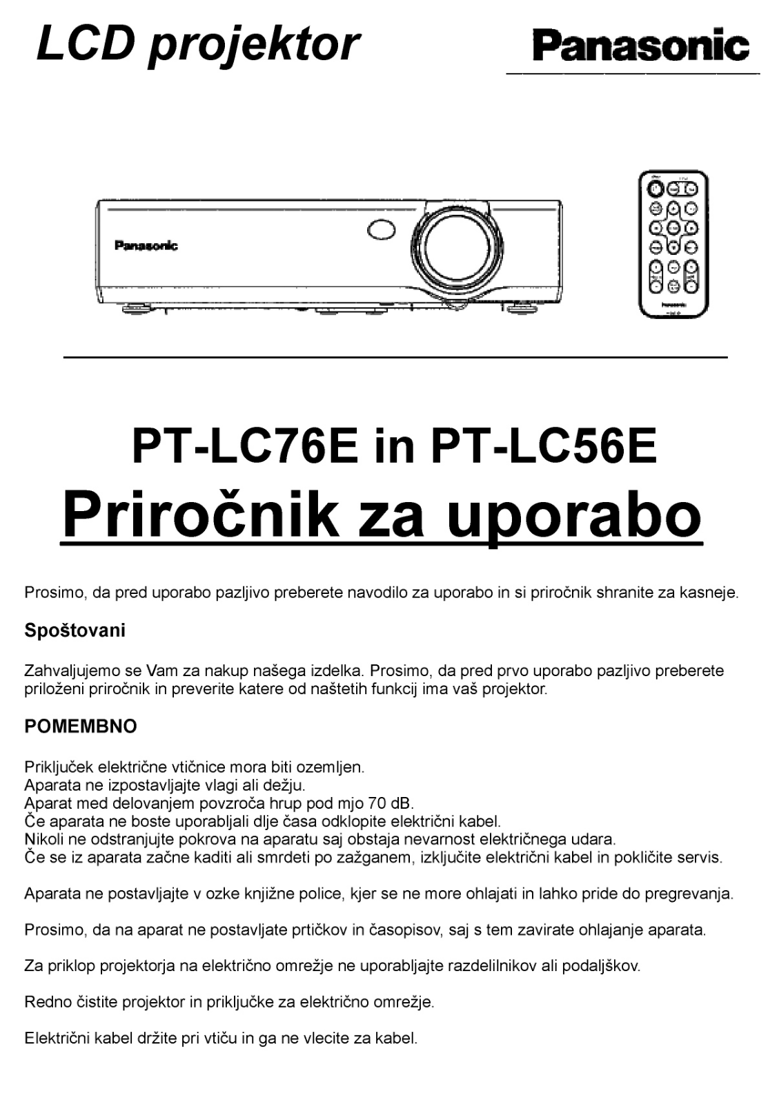 Panasonic PT-LC76E, PT-LC56E User Manual