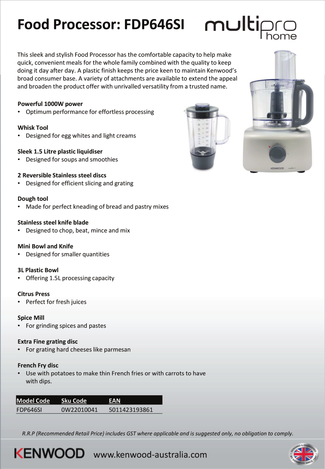 Kenwood FDP646SI Specifications Sheet