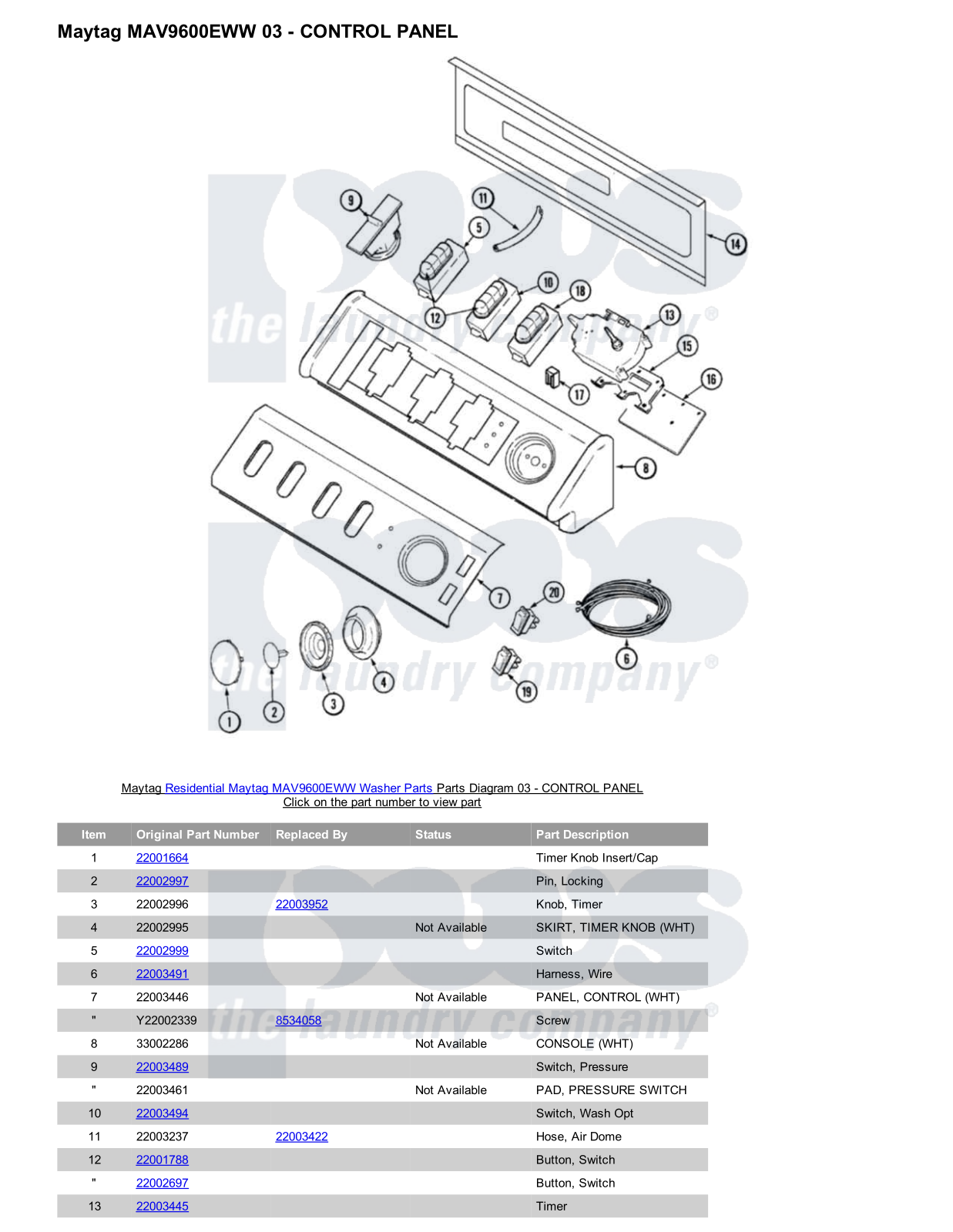 Maytag MAV9600EWW Parts Diagram