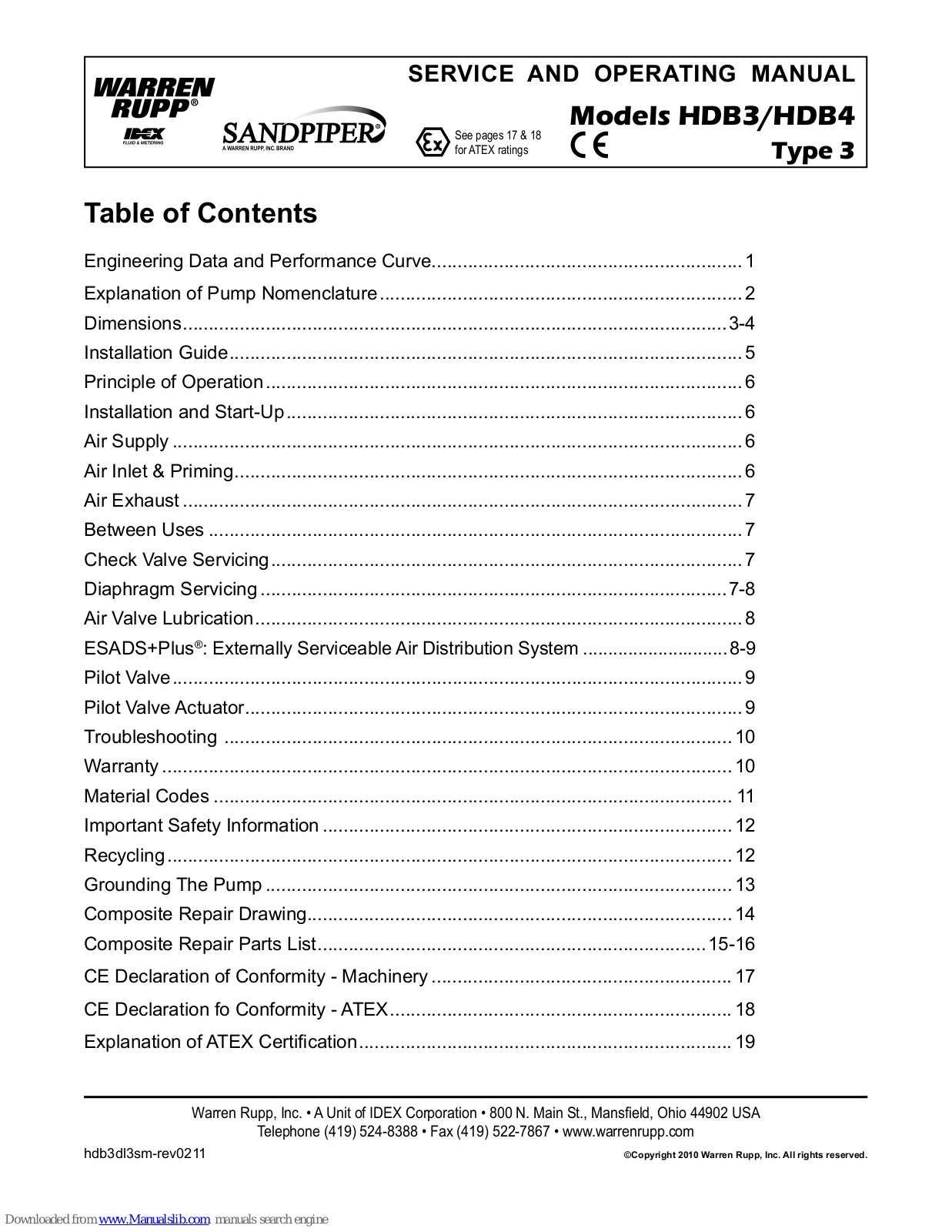 Warren rupp HDB3, HDB4 Service And Operating Manual