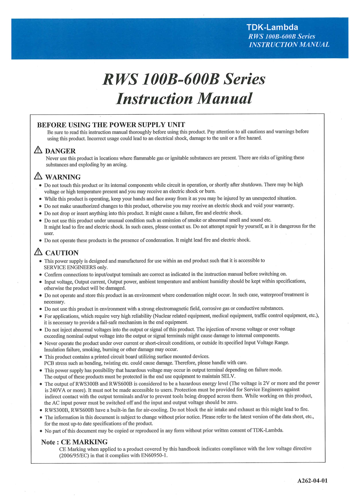 TDK-Lambda RWS-600B-12, RWS-600B-24, RWS-300B-24, RWS-100B-12, RWS-100B-24 User guide