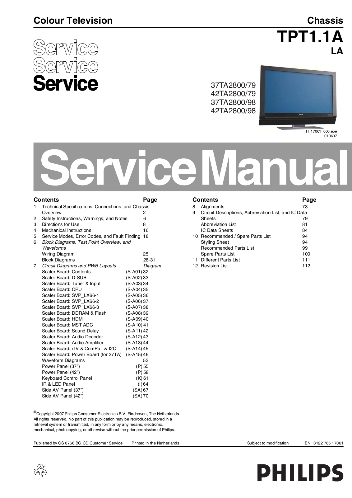 Philips 42TA2800/98, 37TA2800/98, 42TA2800/79, 37TA2800/79 Schematic