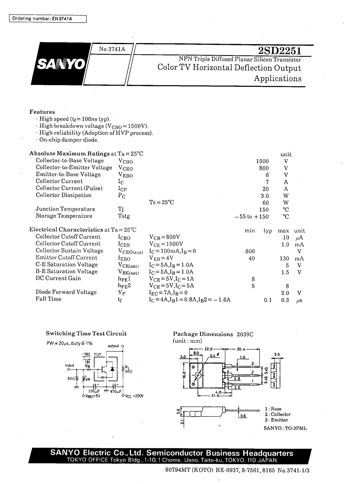 SANYO 2SD2251 Datasheet