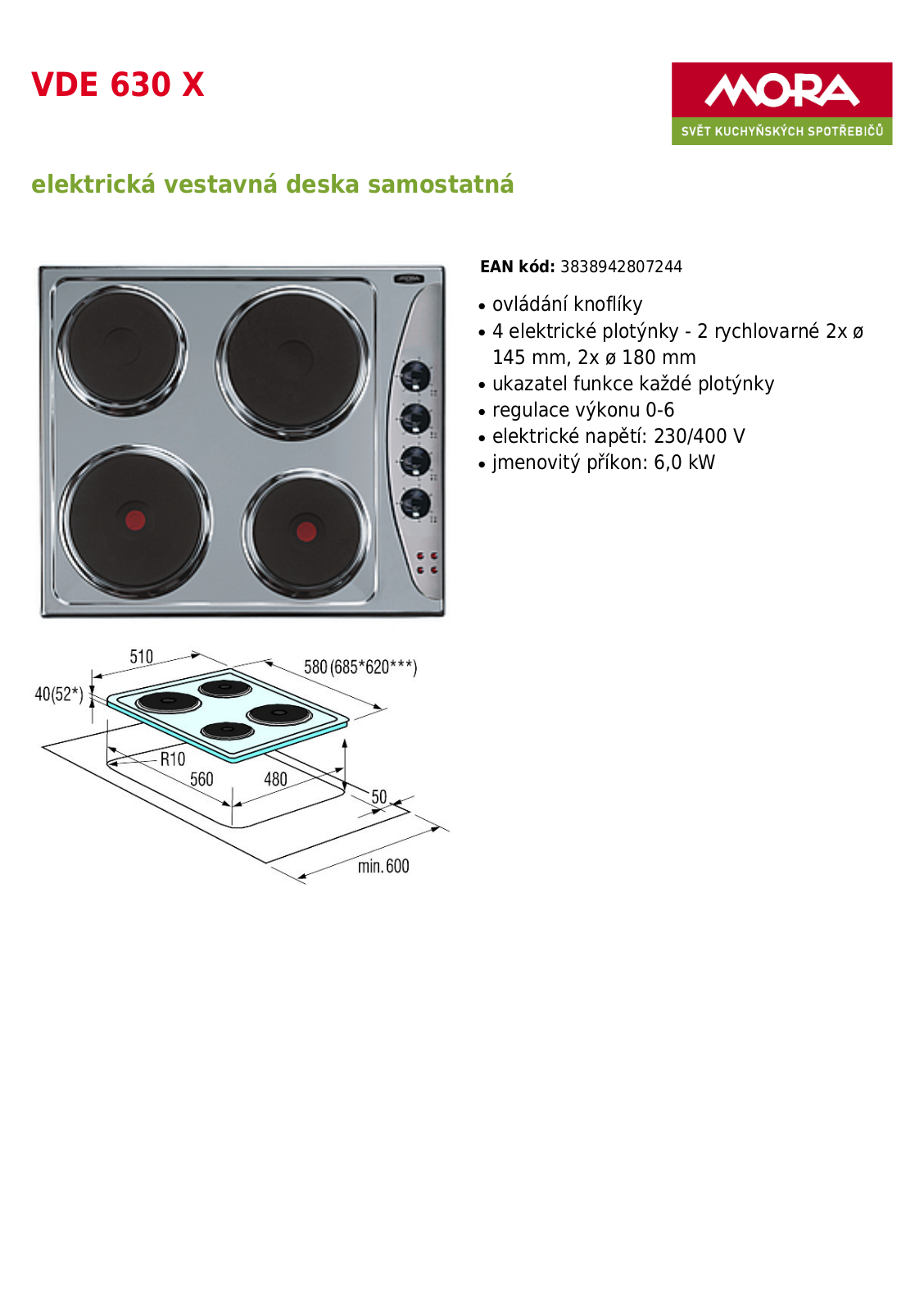 Mora VDE630X Product sheet