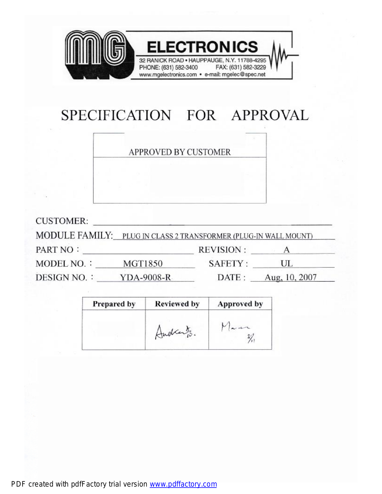 MG Electronics MGT-1850 Specsheet