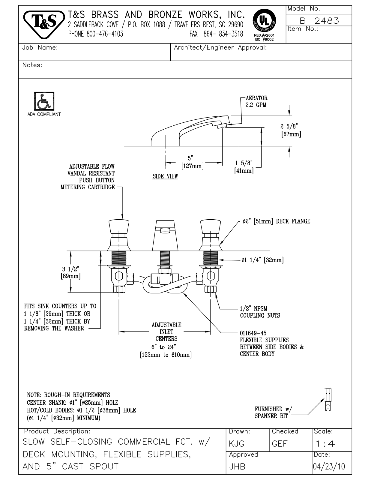 T&S Brass B-2483 User Manual