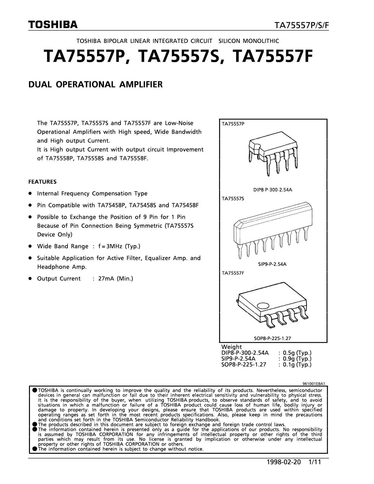 Toshiba TA75557S, TA75557P, TA75557F Datasheet