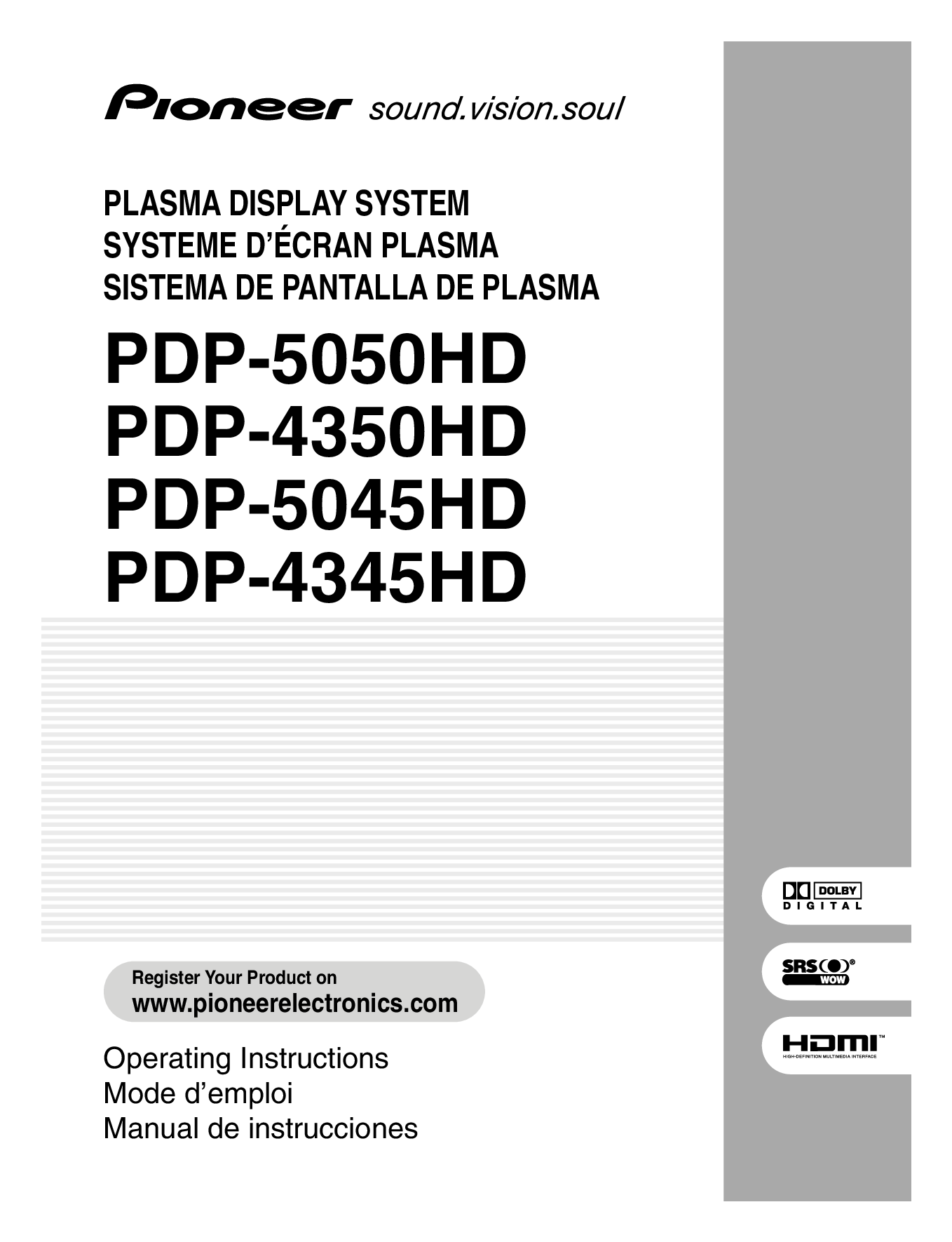Pioneer PDP-4345HD, PDP-4350HD, PDP-5045HD, PDP-5050HD Operating Instruction