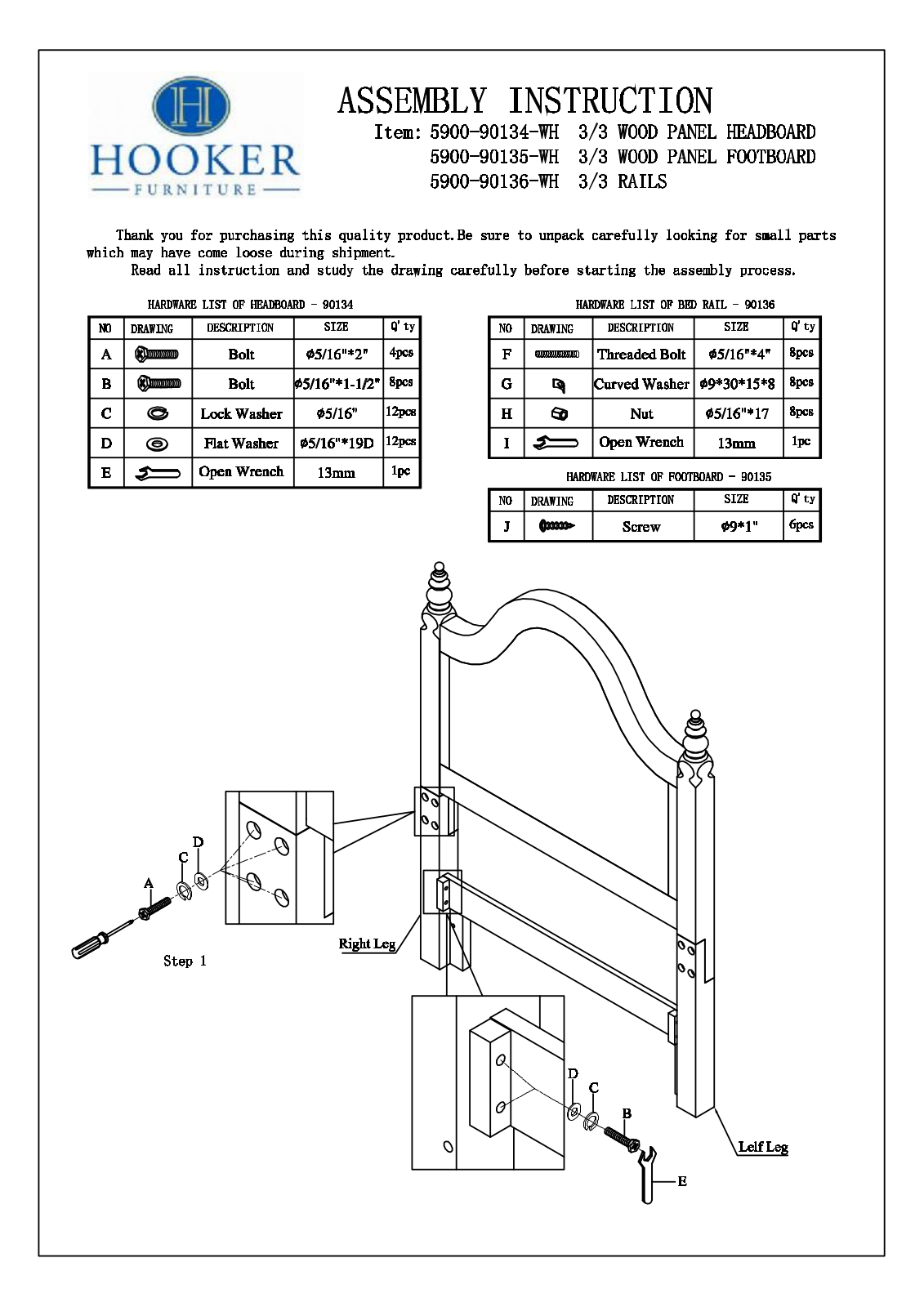 Hooker Furniture 5900901PWH Assembly Guide