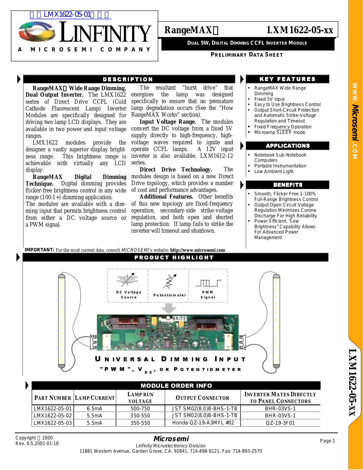 LINFINITY LXM1622-05-xx DATA SHEET