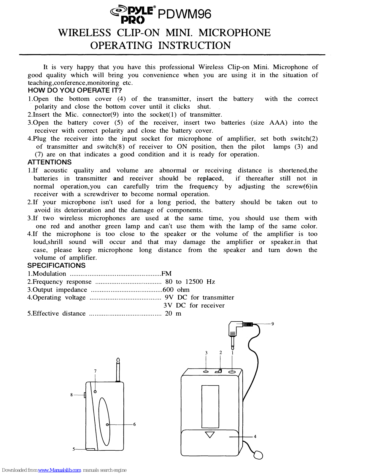 Pyle Pro PDWM96 Operating Instructions Manual