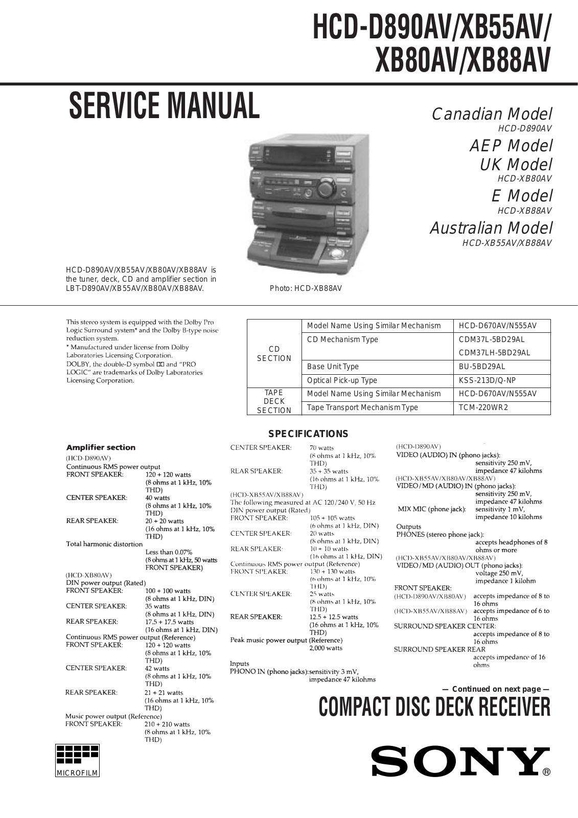 SONY HCD XB88AV, HCD XB80, HCD XB55 Service Manual