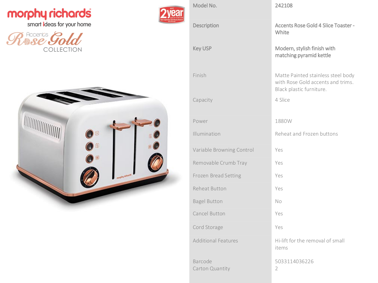 Morphy Richards 242108102108 Specifications Sheet