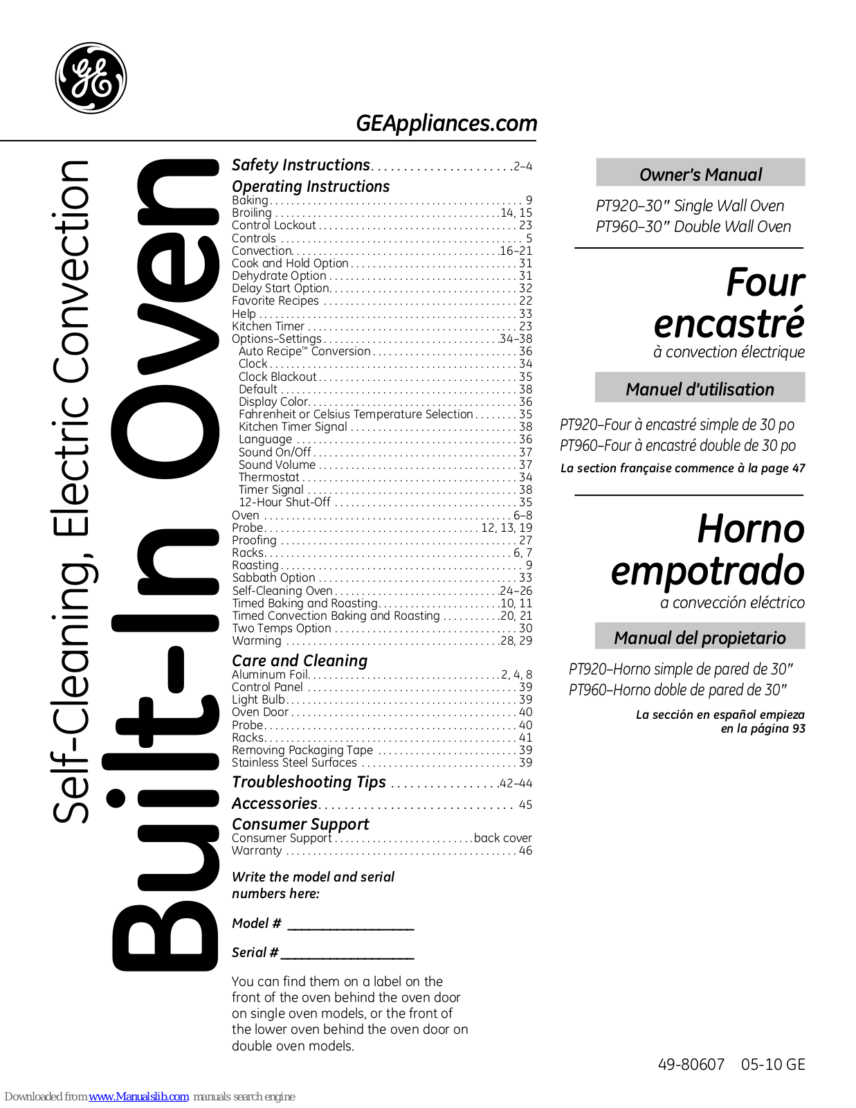 GE PT960DR, PT960SRSS, PT960DRBB, PT920DRBB, PT920SRSS Owner's Manual