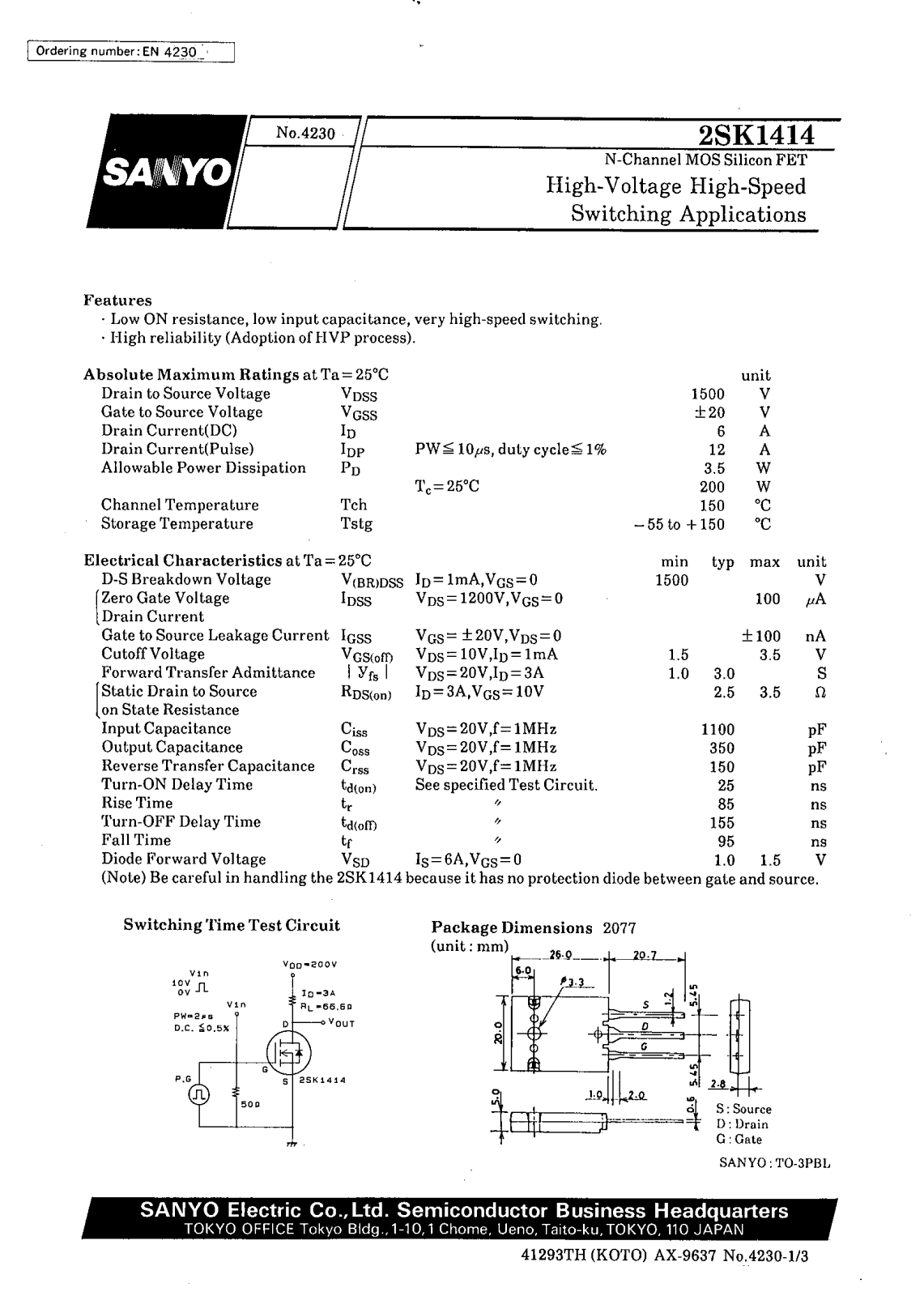 SANYO 2SK1414 Datasheet