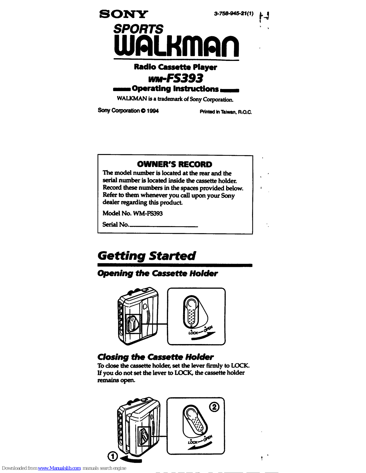 Sony Sports Walkman WM-FS393 Operating Instructions Manual