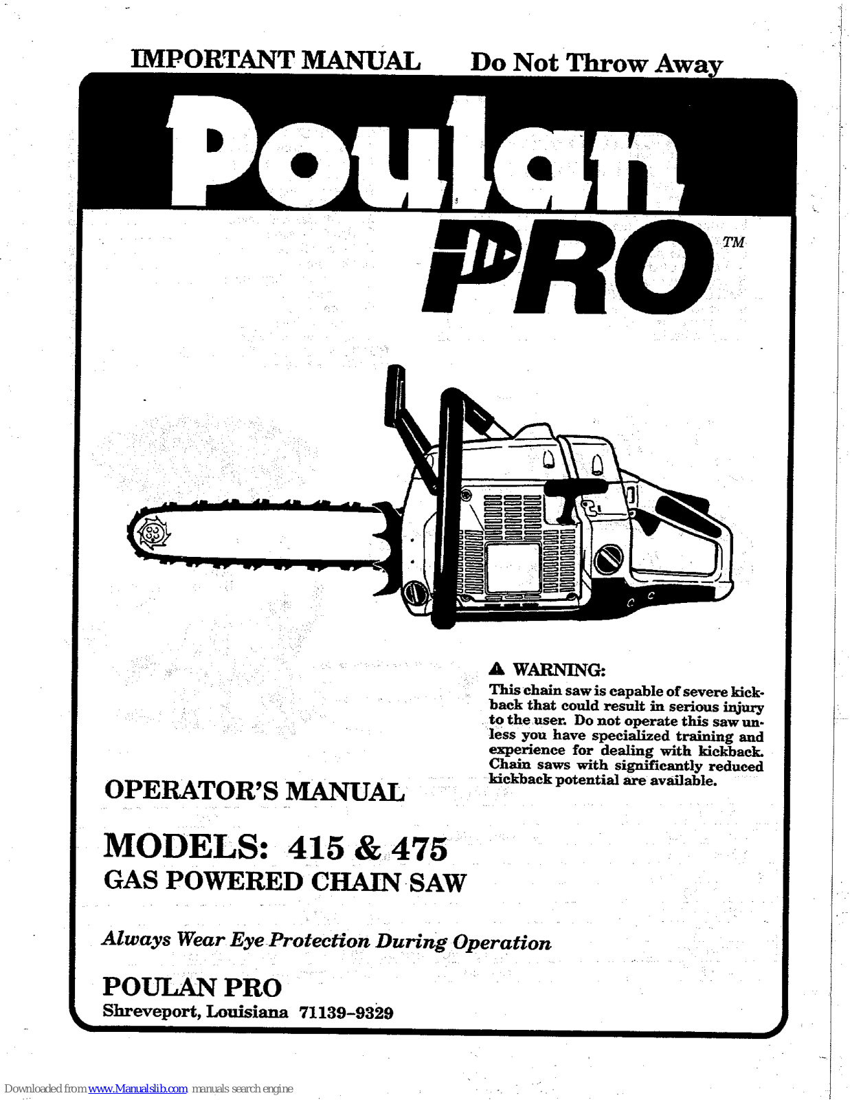 Poulan Pro 475, 1990-10 User Manual