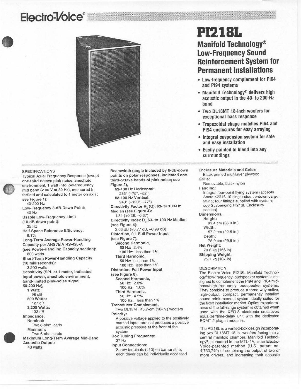 Electro-Voice PI218L User Manual