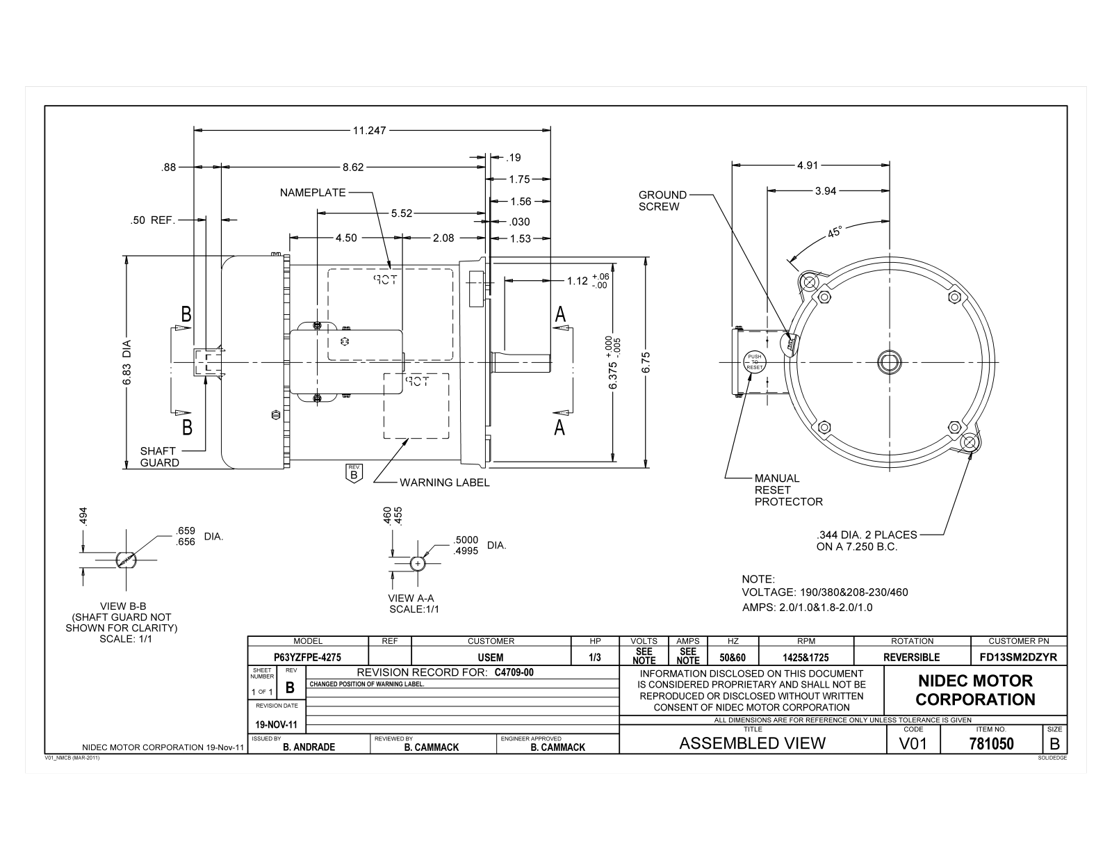 US Motors FD13SM2DZYR Dimensional Sheet