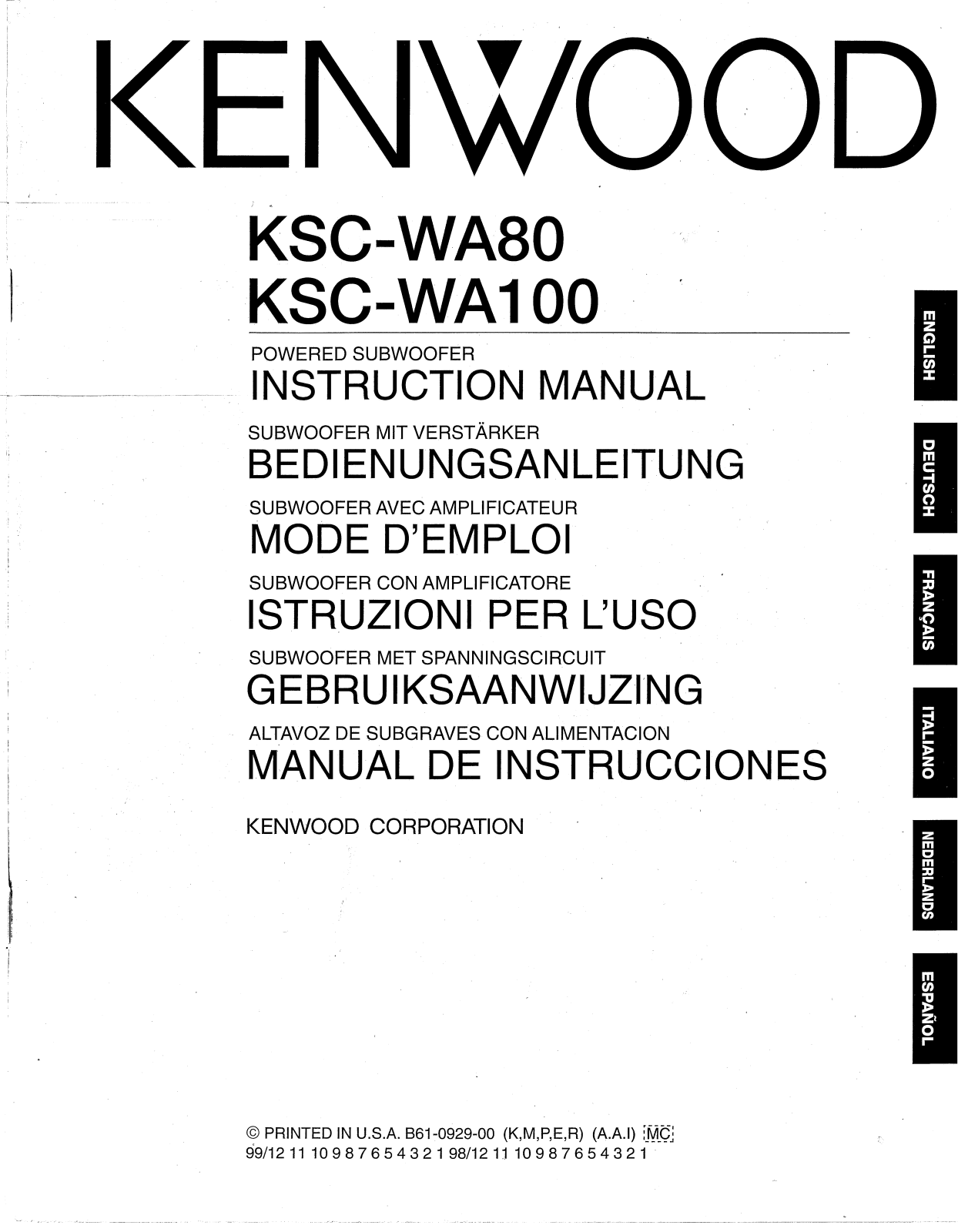 Kenwood KSC-WA100, KSC-WA80 Owner's Manual