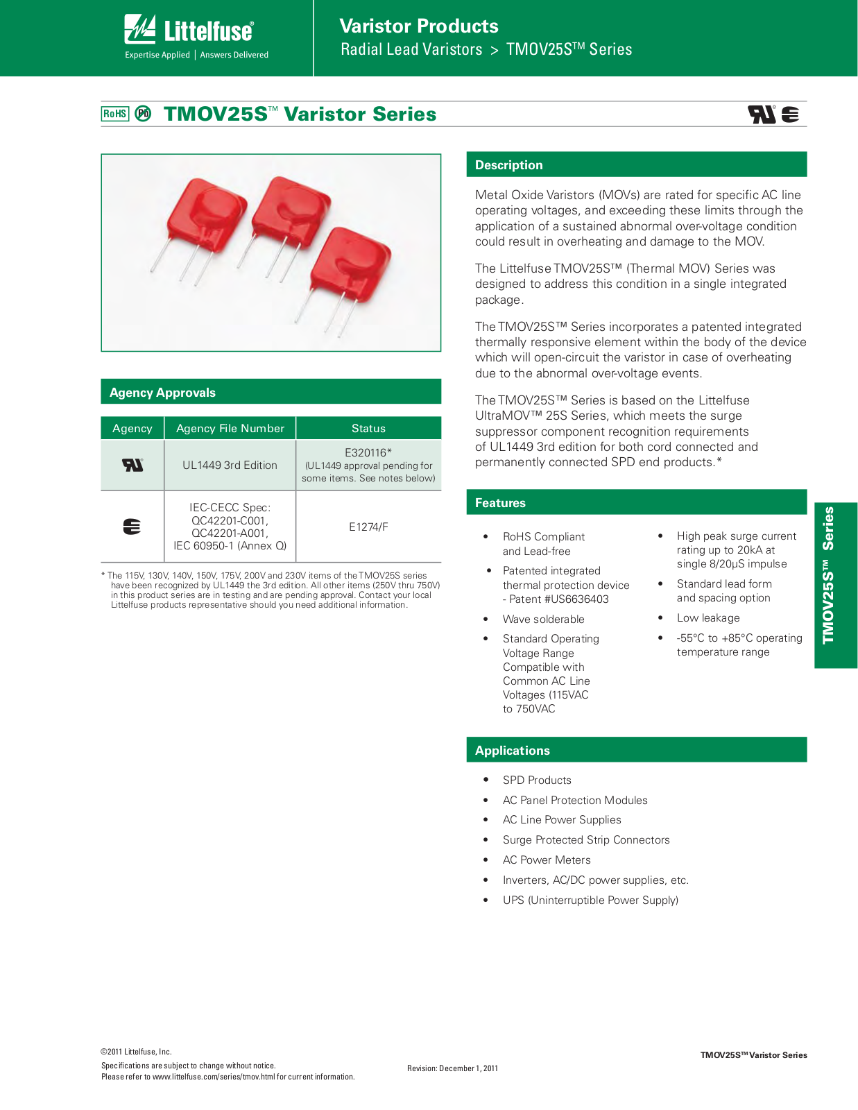 Littelfuse TMOV25S Series Catalog Page