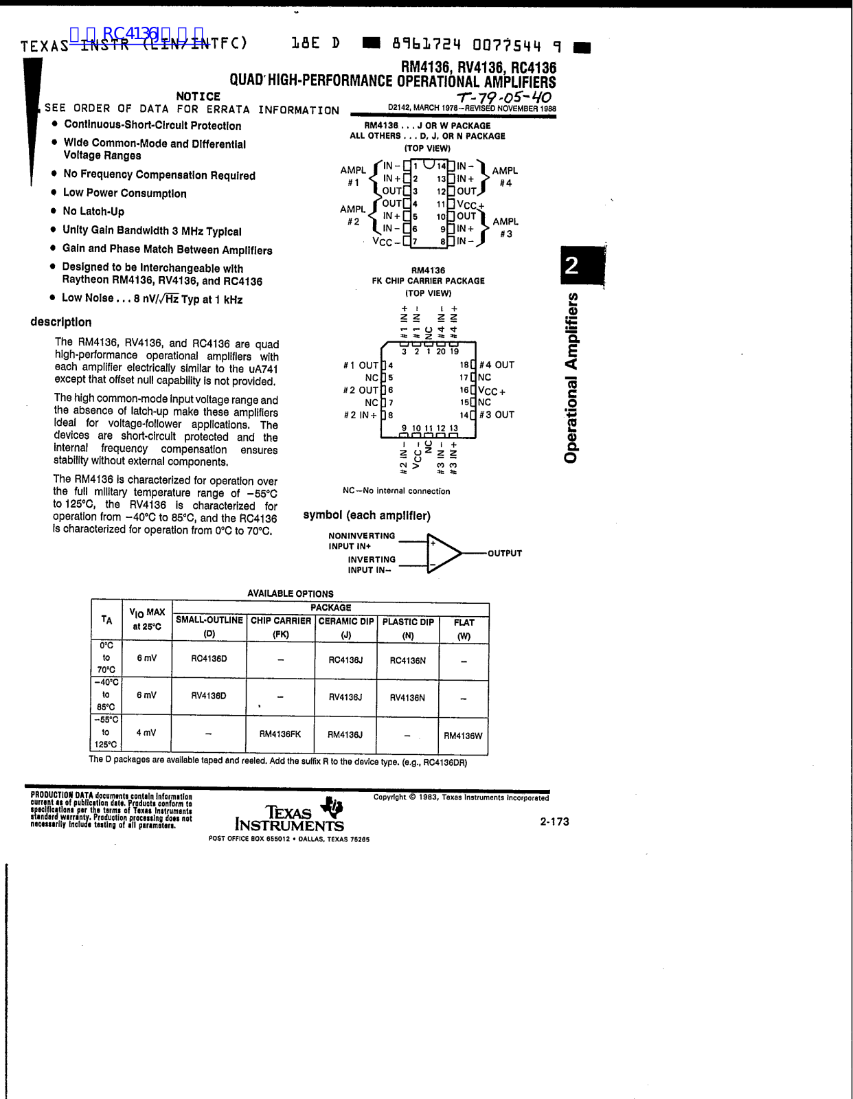 TEXAS INSTRUMENTS RM4136 Technical data