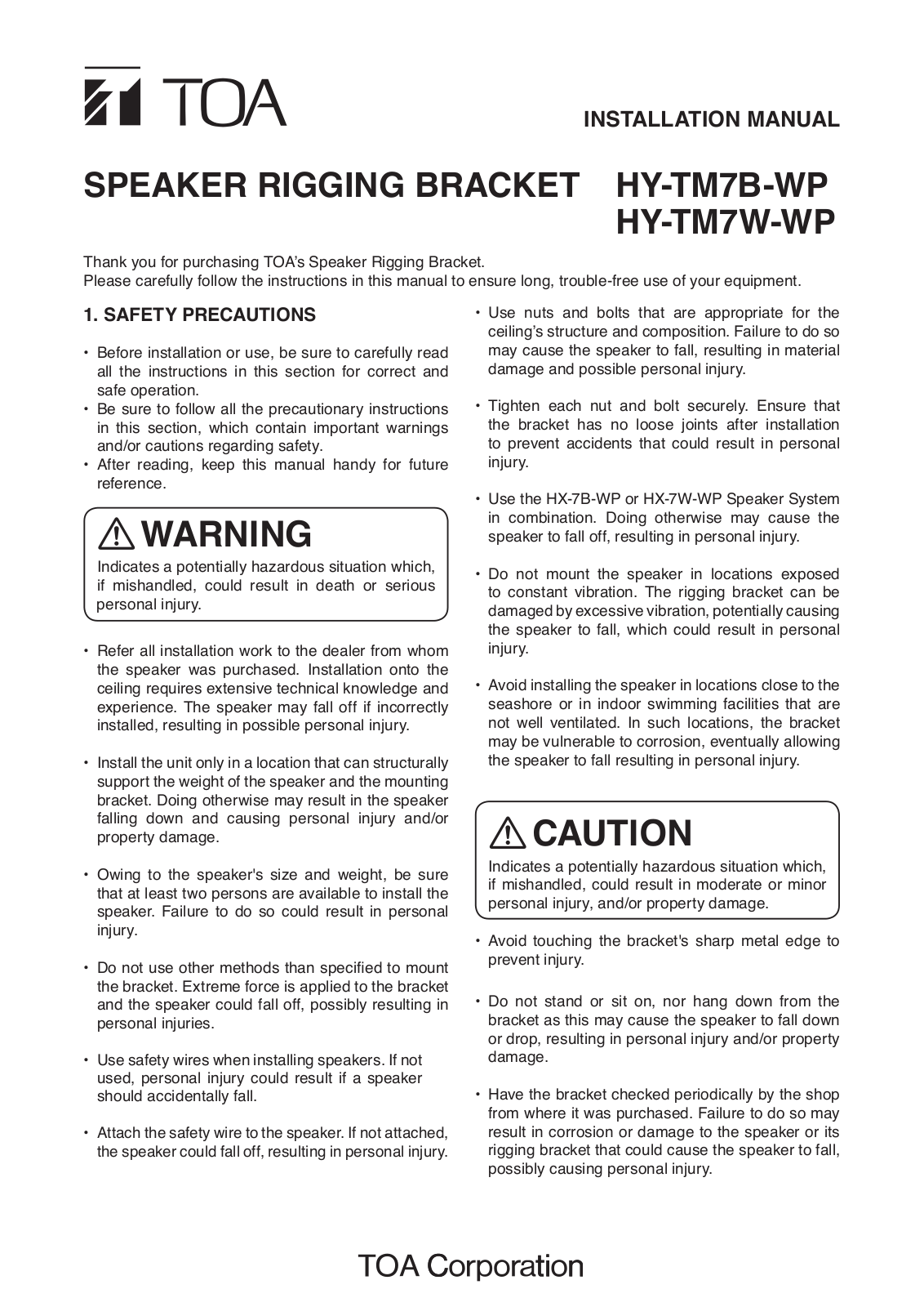 Toa HY-TM7W-WP User Manual