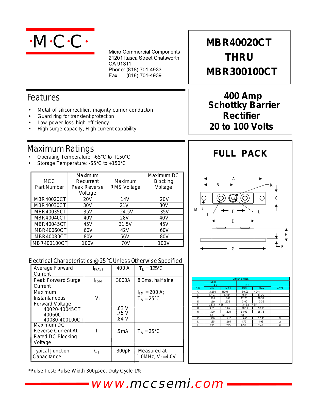 MCC MBR40045CT, MBR40060CT, MBR40080CT, MBR40035CT, MBR400100CT Datasheet