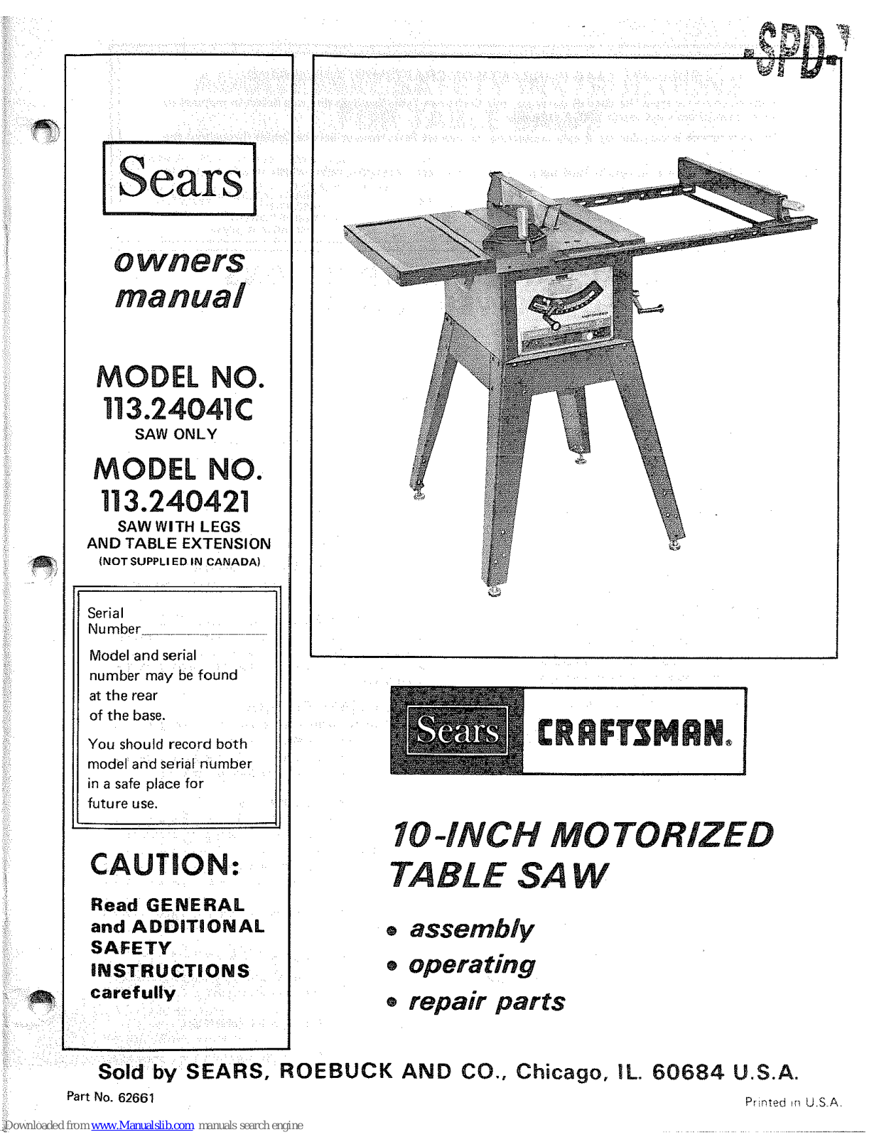 Sears 113.240421,113.24041C Owner's Manual