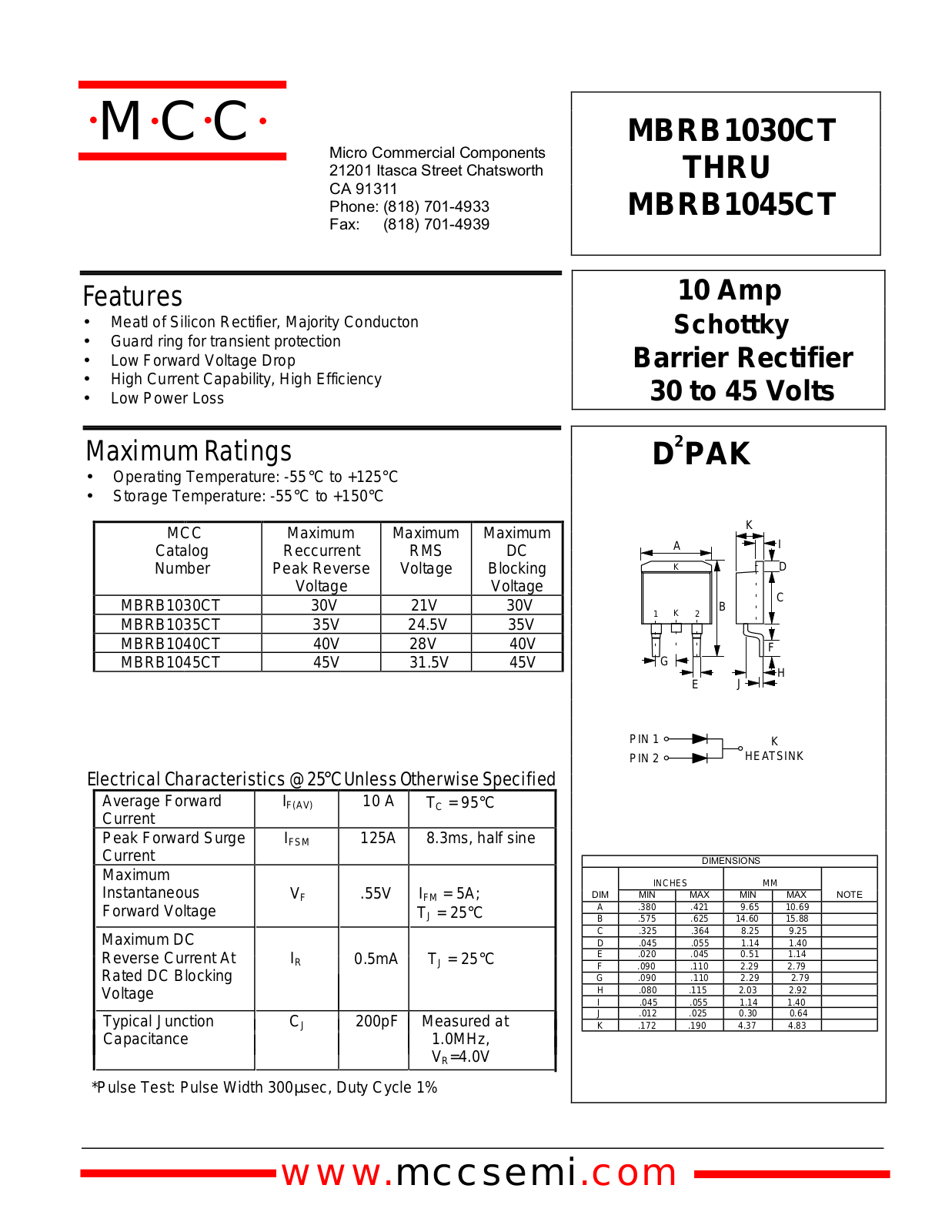 MCC MBRB1030CT, MBRB1035CT, MBRB1040CT Datasheet
