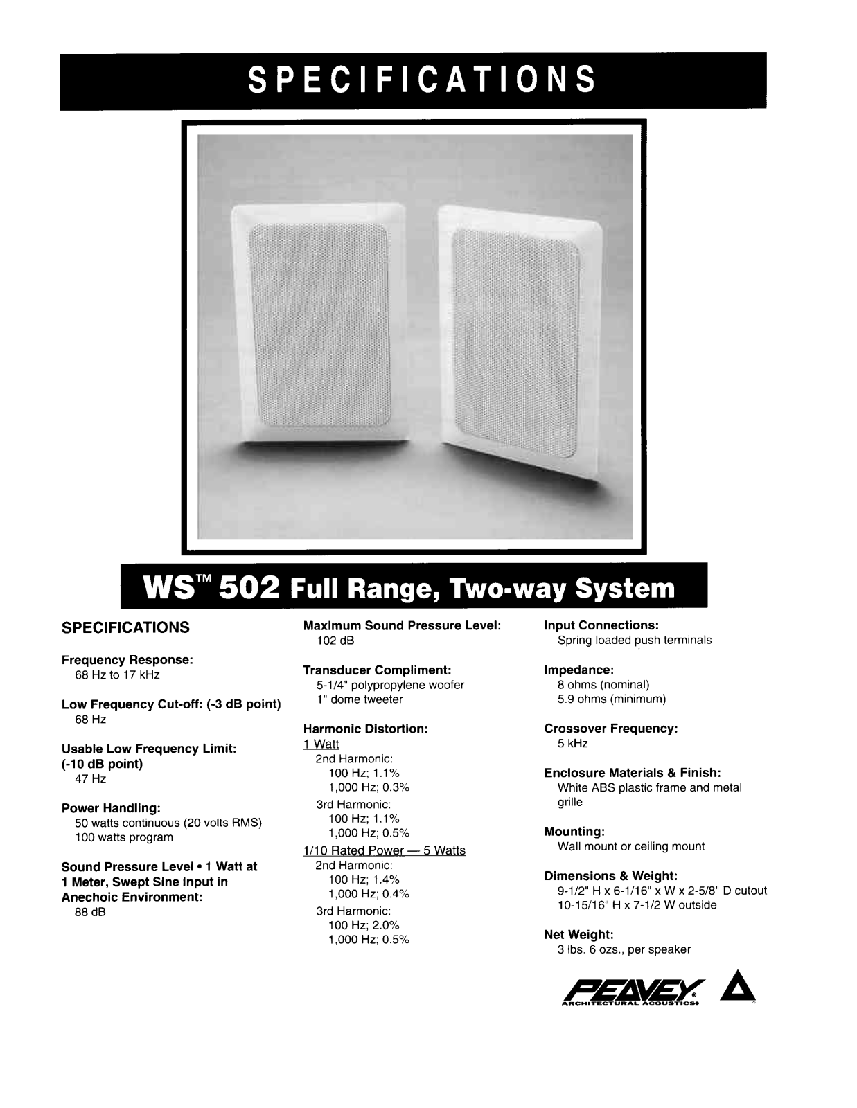 Peavey WS 502 FULL RANGE DATASHEET