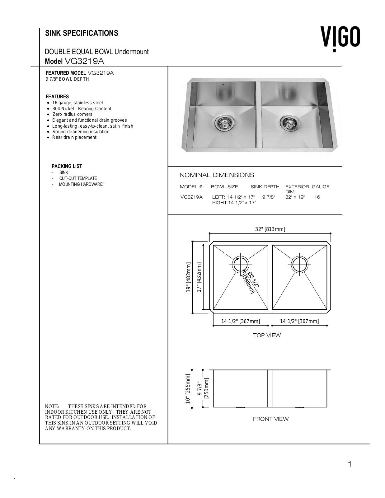 Vigo VG15153, VG15160, VG15161, VG15157, VG15155 Specifications