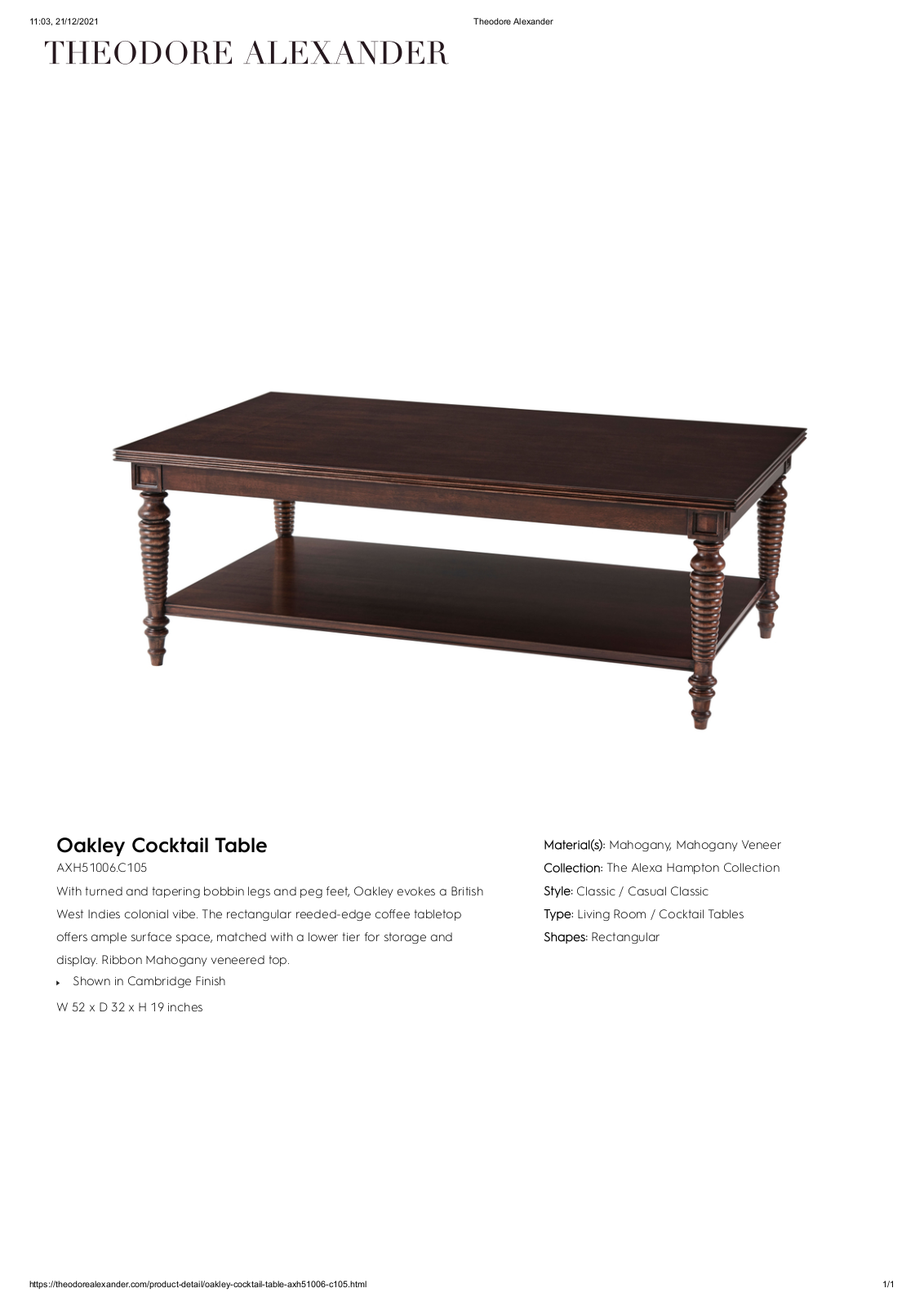 Theodore Alexander FPLJ3592 Specifications - ManualMachine.com