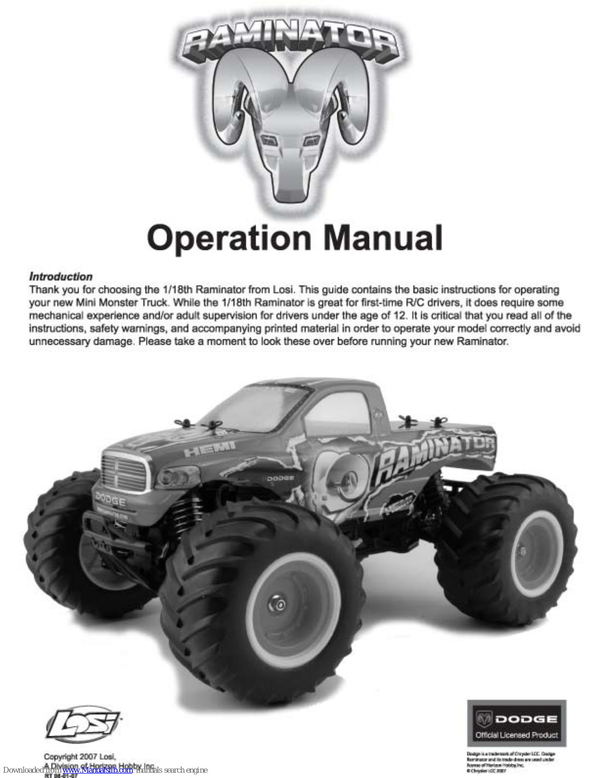 Horizon Hobby 1/18th Raminator Operation Manual