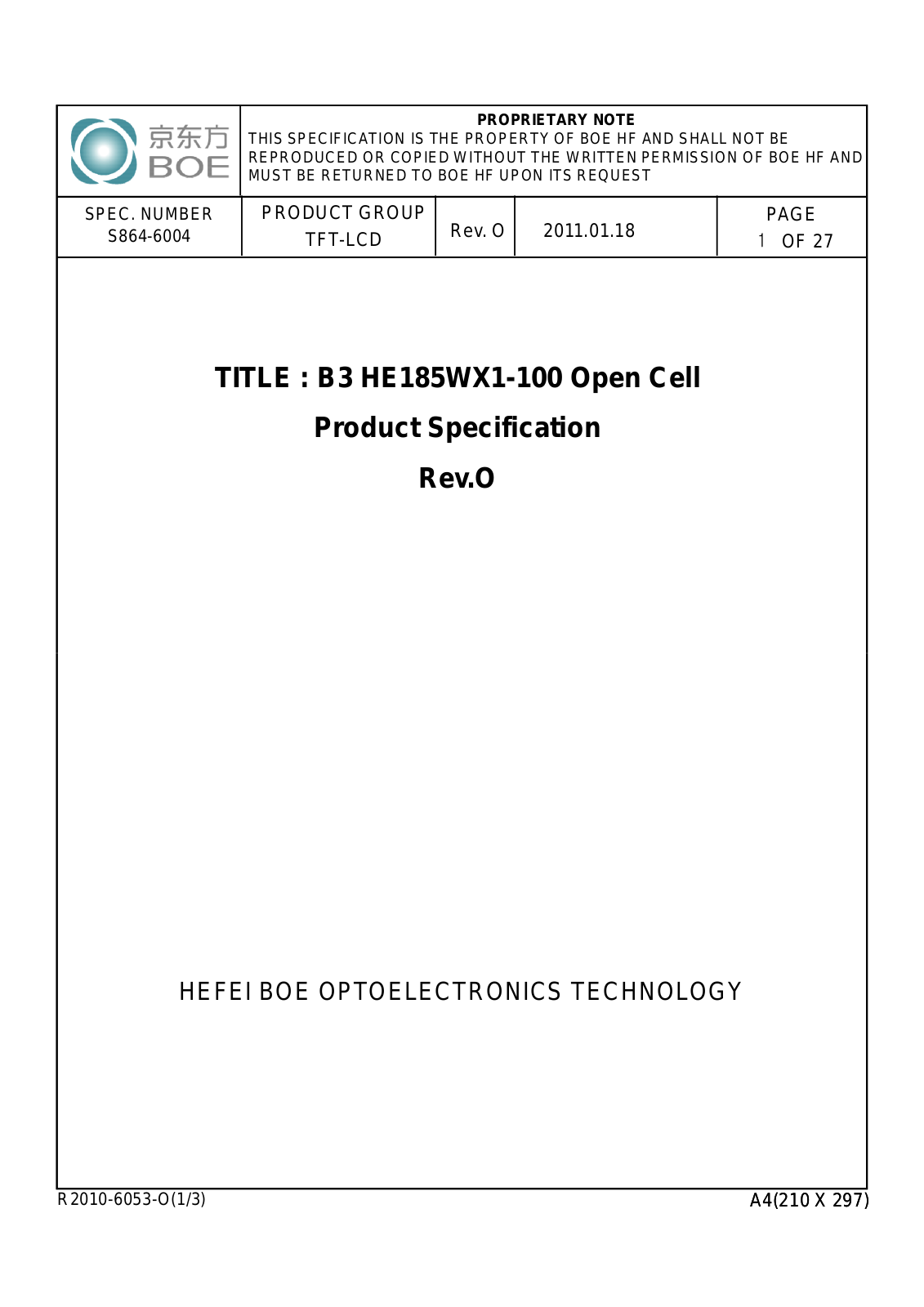 BOE HE185WX1-100 Specification