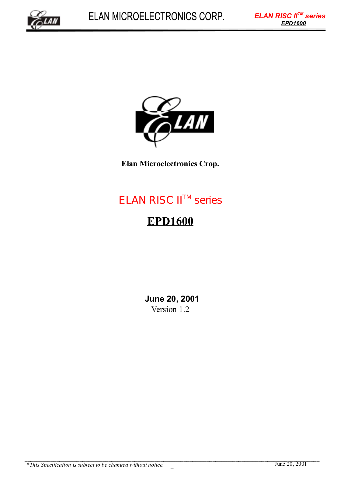 ELAN EPD1600 Datasheet