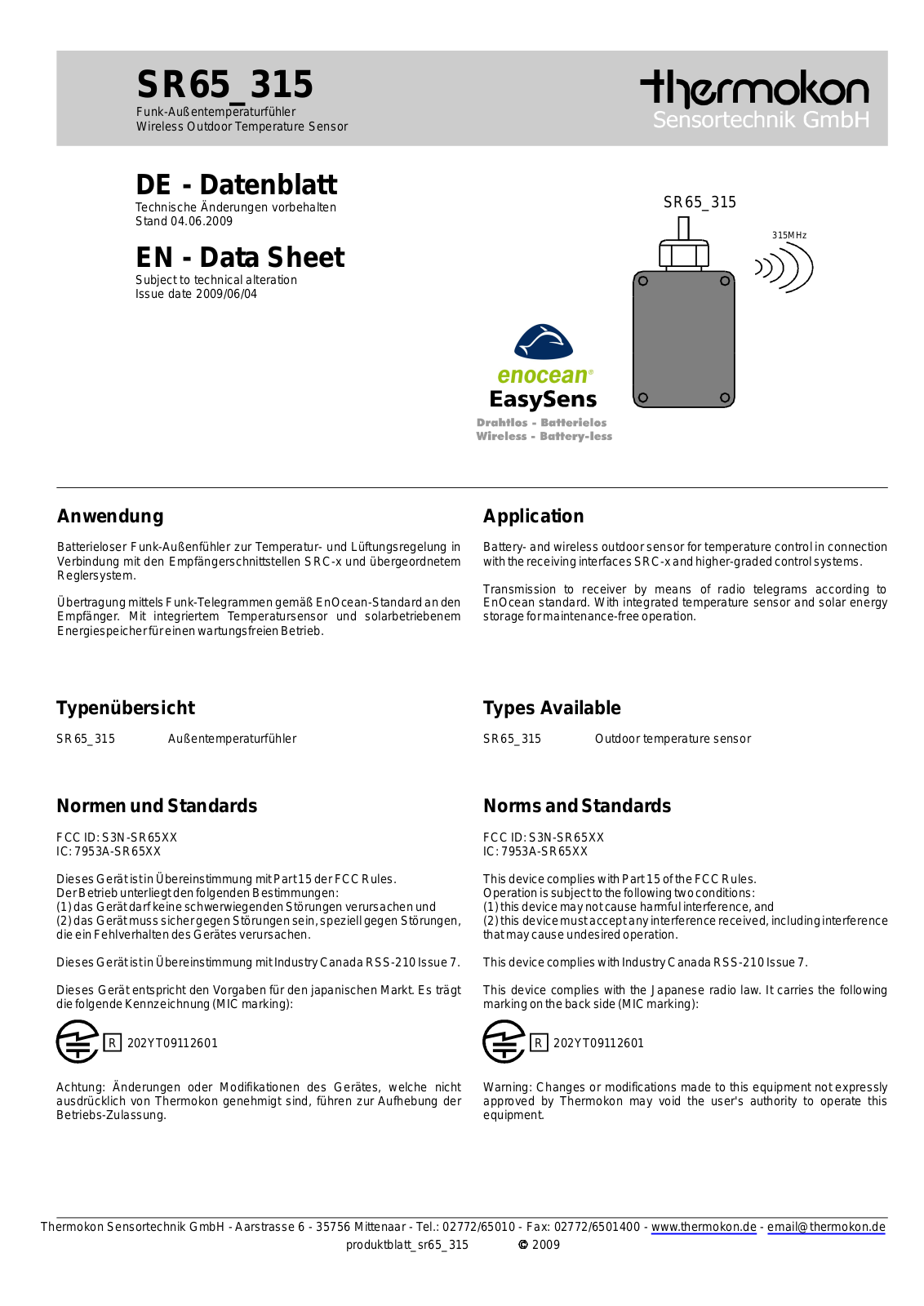 Johnson Controls SR65_315 Data Sheet