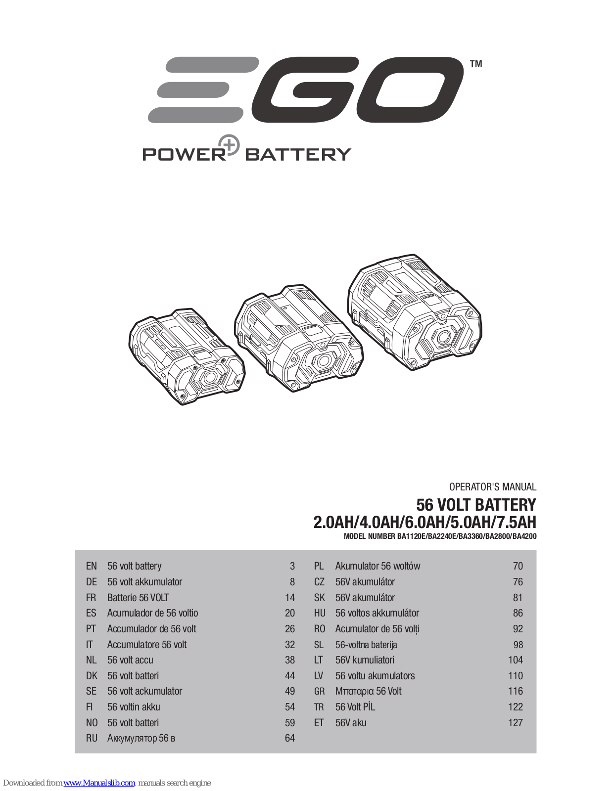 EGO BA1120E, BA2240E, BA3360, BA2800, BA4200 Operator's Manual