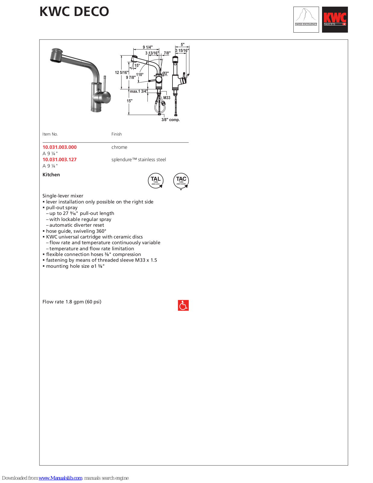 KWC DECO 10.031.003, DECO 10.031.003.000, DECO 10.031.003.127 Specification Sheet