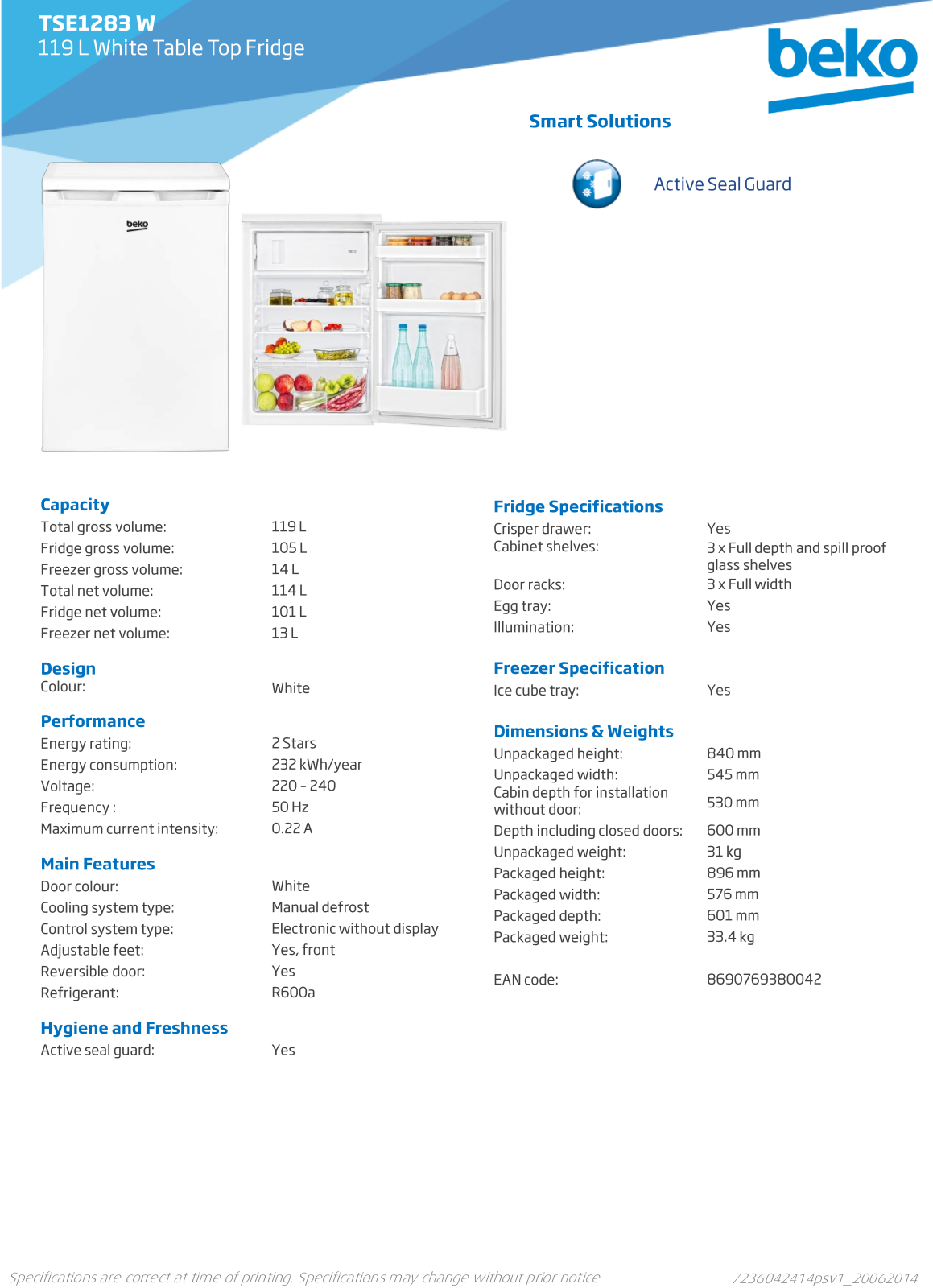 Beko TSE1283 Specifications Sheet