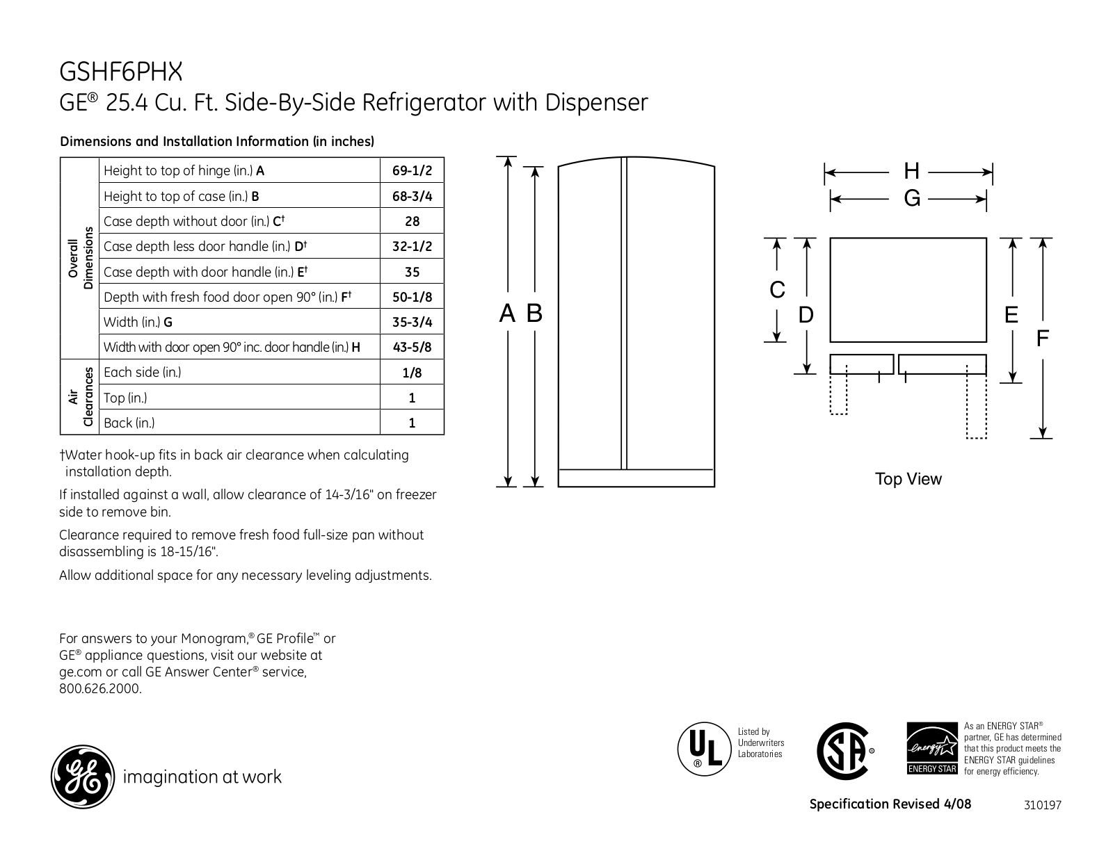 GE GSHF6PHX Specification