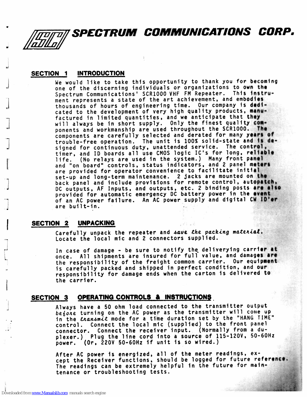 Spectrum SCR1000 Operation And Maintenance Manual